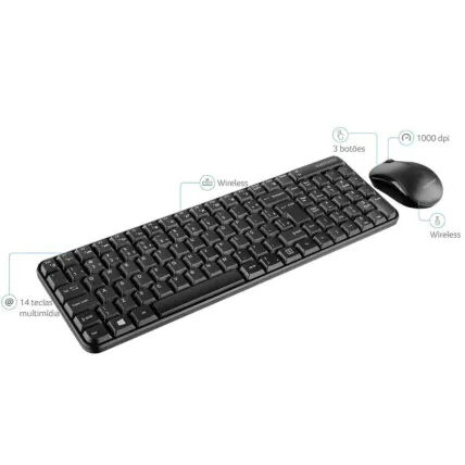 Combo Teclado + Mouse Sem Fio Multilaser Cs200 Usb 1000Dpi - Tc183 - 01