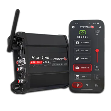 Modulo de Potência Stetsom Iron HL400.4 com display digital aceso, disponível para compra B2B no distribuidor.
